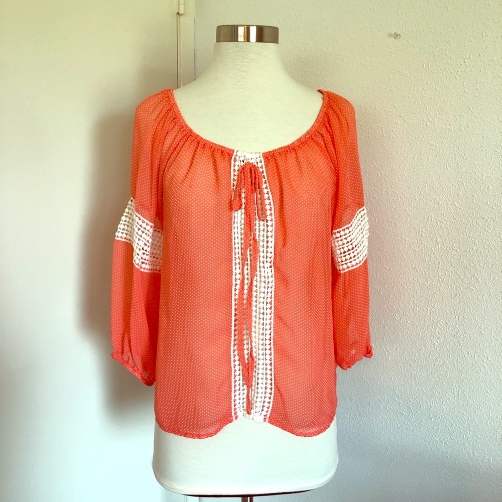 HAVE Brand Sheer Orange & White Polka Dot Top size M